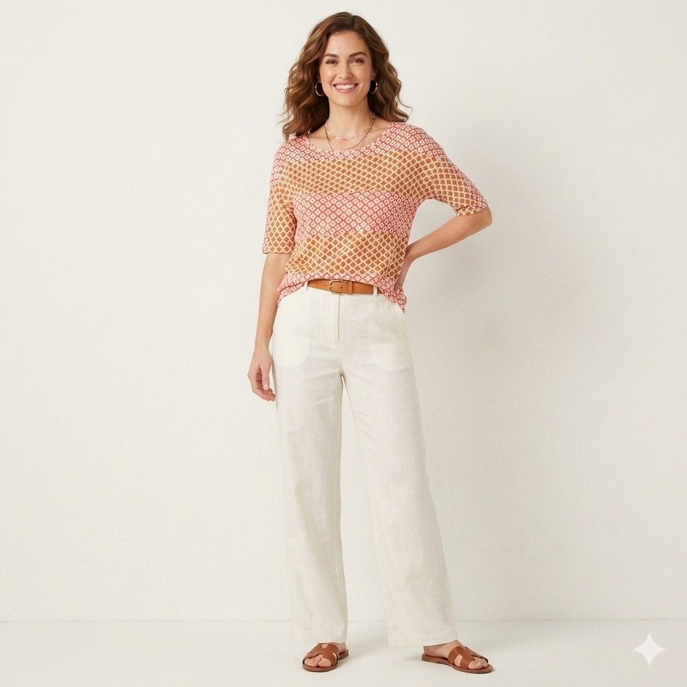 J.Crew Geometric Print Knit Top Short Sleeve Cotton Pink Orange Small